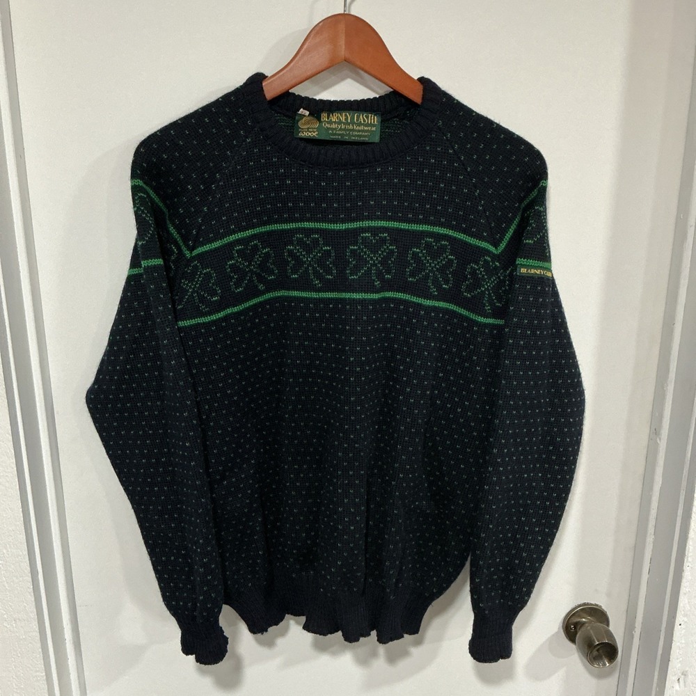Vintage Blarney Castle Birdseye Wool Sweater, M, Navy Blue, Ireland, Shamrocks